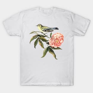 Watercolor bird and flower peony T-Shirt